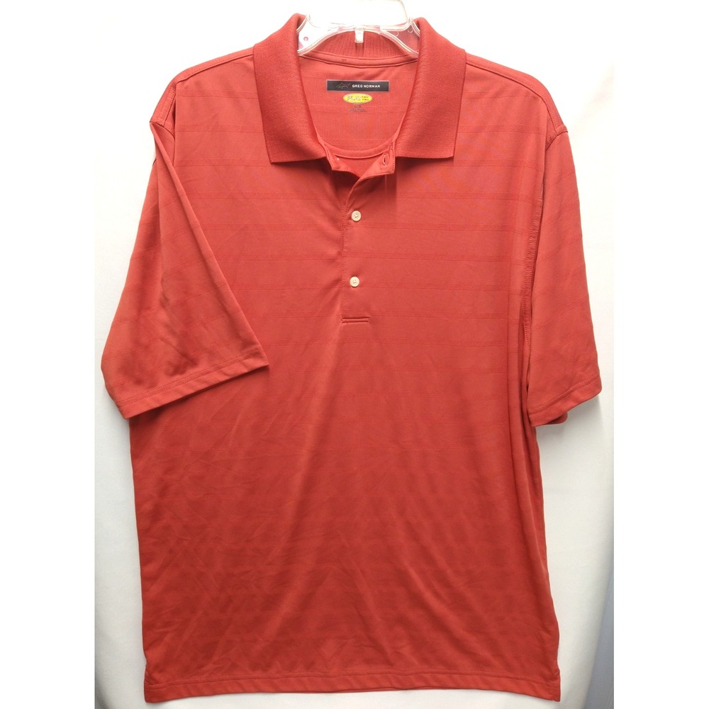mens GREG‎ NORMAN GOLF POLO,  PLAY DRY, LARGE, SHORT SLEEVE, ORANGE, easy care